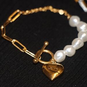 Gold and White Heart Charm Bracelet